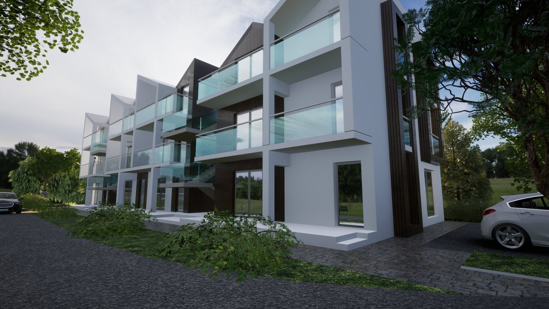 Wizualizacja nowoczesnego budynku wielorodzinnego z balkonami o szklanych balustradach, zlokalizowanego w zielonym otoczeniu. Uwagę zwraca modernistyczna architektura.