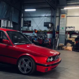 Czerwone BMW E30 z charakterystycznymi felgami w warsztacie samochodowym z widocznymi mechanikami w tle. Auto po renowacji/tuningu.