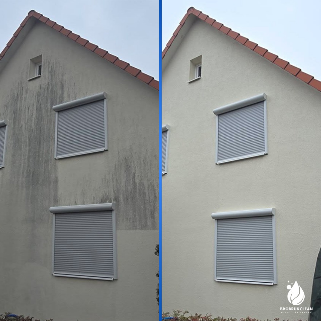 Dom z elewacją przed i po myciu ciśnieniowym. Lewa strona brudna, prawa czysta, szare rolety okienne.