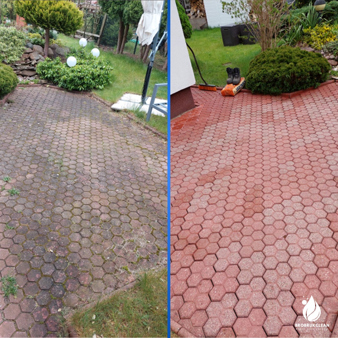 Kostka brukowa przed i po czyszczeniu: po lewej brudna, z mchem, po prawej świeża, czerwona, mokra. Widoczne narzędzia i otoczenie domu.
