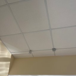 NetLine - Kasetonowy sufit podwieszany z czujnikiem i puszką instalacyjną. Widok z dołu na białe płyty i szarą konstrukcję nośną.