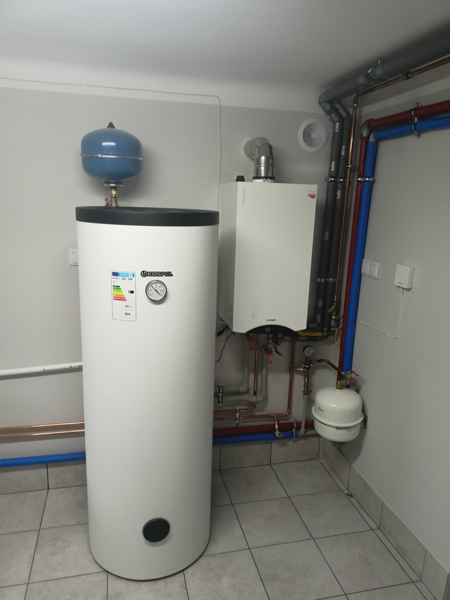 Biały zasobnik ciepłej wody Kospel z niebieskim naczyniem wzbiorczym, obok wiszący piec gazowy Termet. Instalacja grzewcza z rurami miedzianymi i plastikowymi.