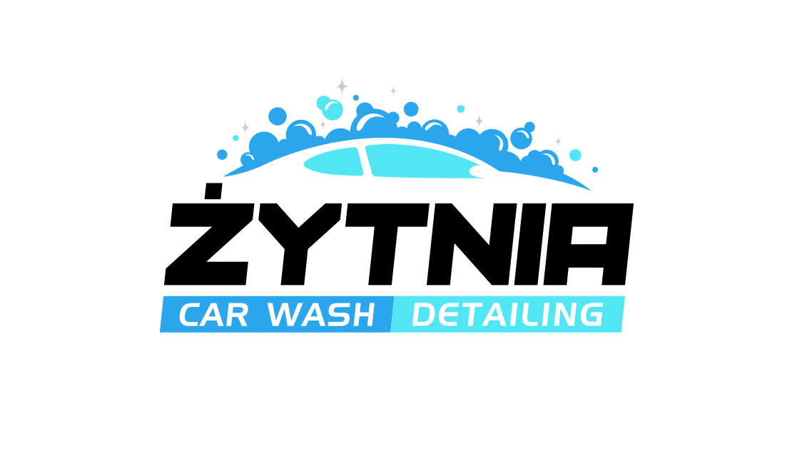 Logo firmy Żytnia Car Wash Detailing z sylwetką auta i bąbelkami, na białym tle. Czarny napis Żytnia i pod spodem błękitny napis Car Wash Detailing.