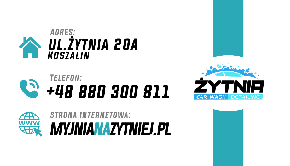 Wizytówka myjni samochodowej Żytnia z adresem, telefonem i stroną internetową. Logo z sylwetką auta i bąbelkami. Kolorystyka biało-turkusowa.