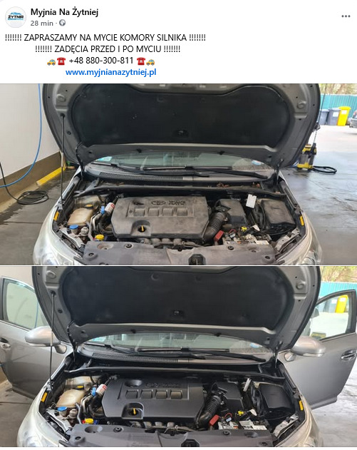 Mycie silnika: porównanie stanu przed i po. Komora silnika srebrnego auta, widok z otwartą maską, uwidaczniający różnicę w czystości przed i po zabiegu.