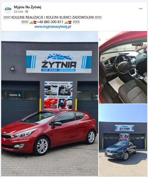 Czerwony i granatowy samochód po myciu detailingowym przed myjnią Żytnia z logo; widoczne wnętrze auta po praniu tapicerki i renowacji lakieru.
