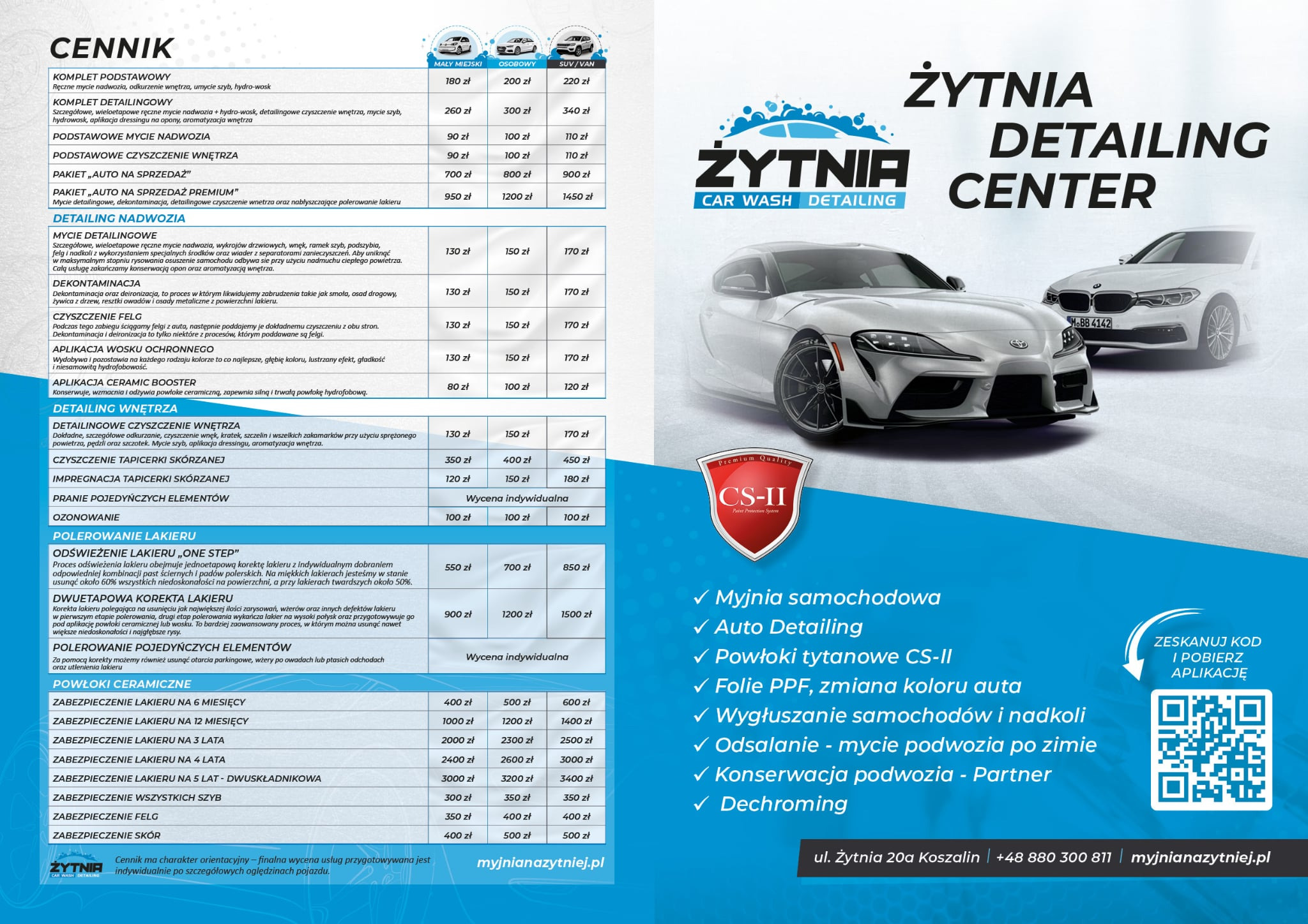 Cennik usług detailingowych Żytnia Car Wash Detailing z Koszalina. Oferta obejmuje mycie, polerowanie, powłoki ceramiczne i inne zabiegi pielęgnacyjne dla aut.
