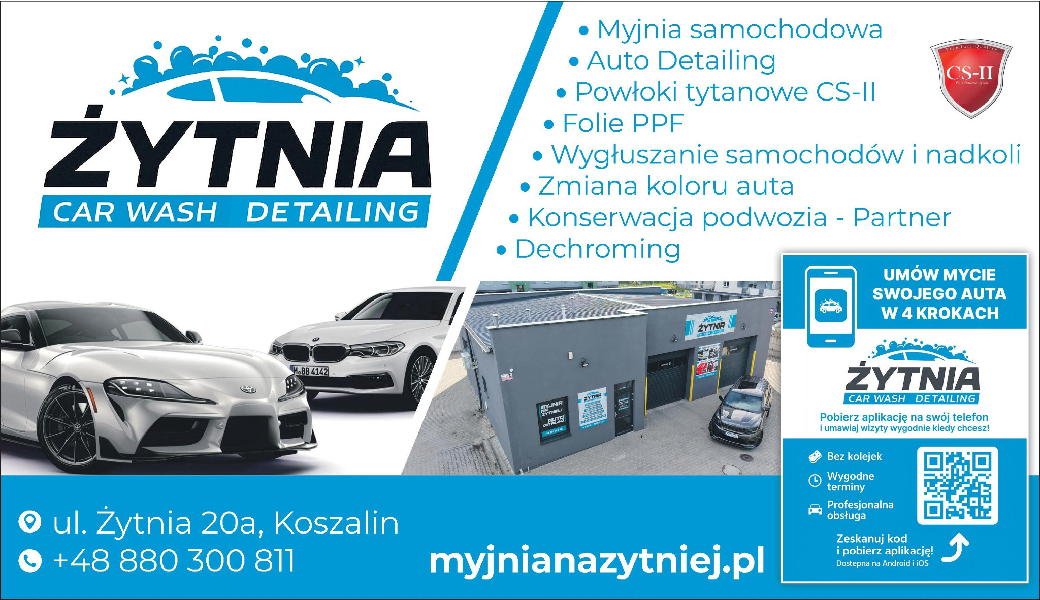 Żytnia Car Wash Detailing: nowoczesna myjnia z ofertą auto detailingu, folii PPF, powłok tytanowych i zmiany koloru auta. Dwa auta przed budynkiem, logo i dane kontaktowe.