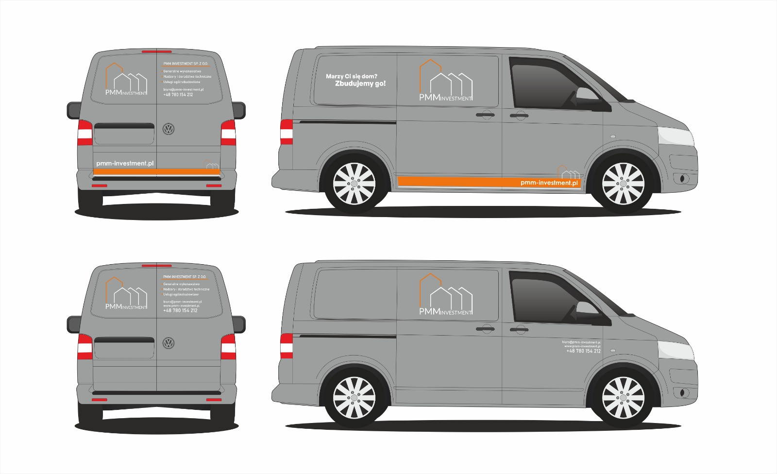 Grafika wektoryzowana szarego samochodu dostawczego z logo PMM Investment, prezentująca oklejoną firmową flotę z danymi kontaktowymi i hasłem 'Marzy Ci się dom? Zbudujemy go!'.