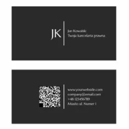 Minimalistyczna wizytówka w odcieniach szarości z inicjałami JK, danymi kontaktowymi i kodem QR. Elegancki projekt dla kancelarii prawnej.