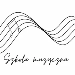 Minimalistyczna grafika z pięciolinią, nutami i napisem 'Szkoła muzyczna' wykonana odręcznie, czarną linią na białym tle, stylizowane logo.