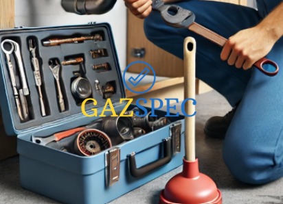 Otwarta skrzynka narzędziowa, klucz nastawny w dłoni hydraulika i przepychacz do rur, sugerujące gotowość do naprawy instalacji. Widoczny fragment instalacji.