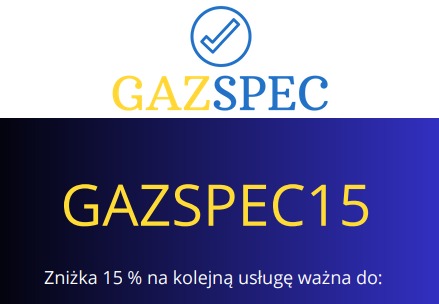 Grafika z logo GazSpec i informacją o zniżce 15% na kolejną usługę. Logo z niebieskim symbolem akceptacji. Tekst GAZSPEC15 na granatowym tle.