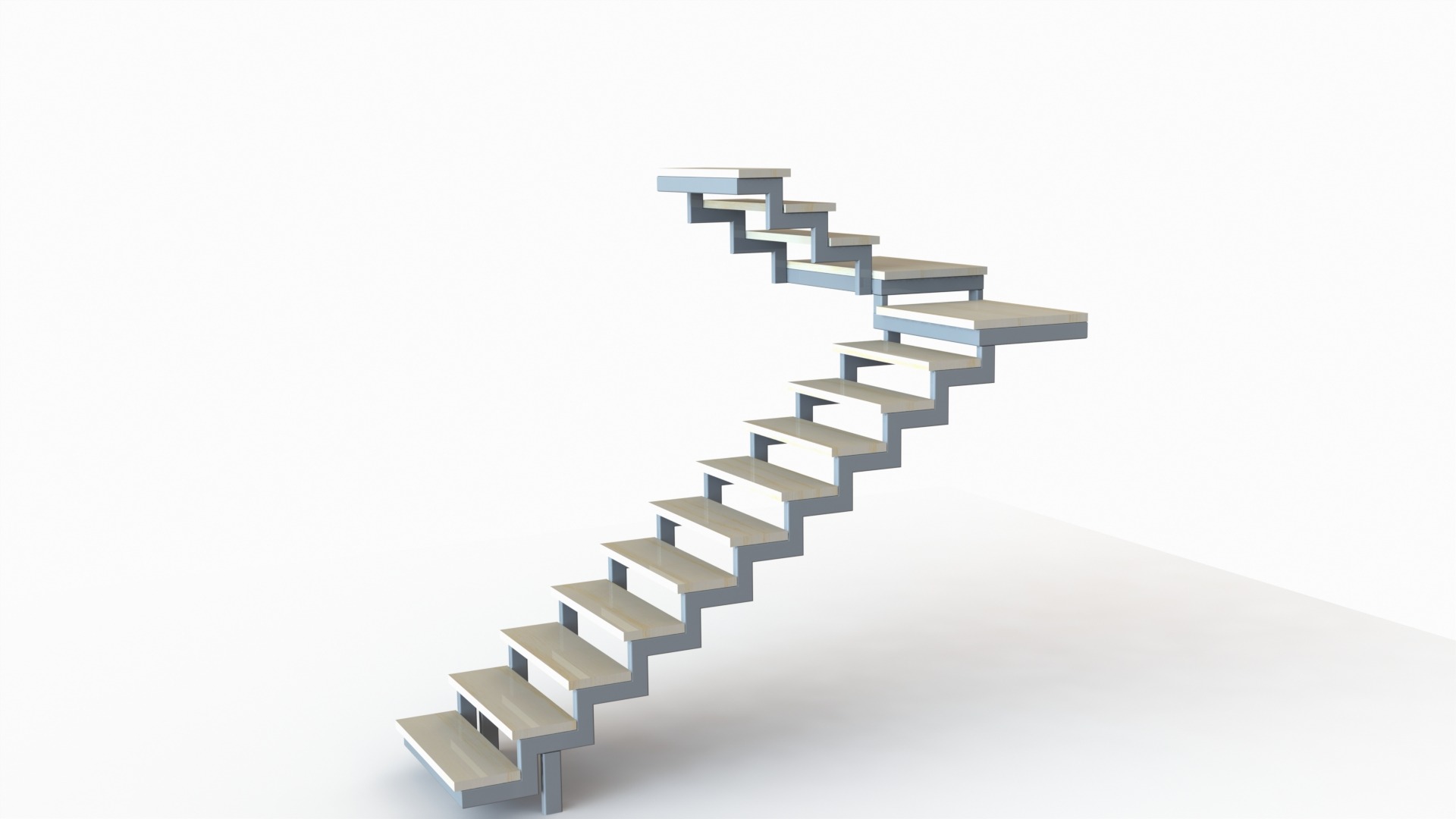 Wizualizacja schodów spiralnych z drewnianymi stopniami i szarą metalową konstrukcją na białym tle. Projekt schodów z perspektywy.