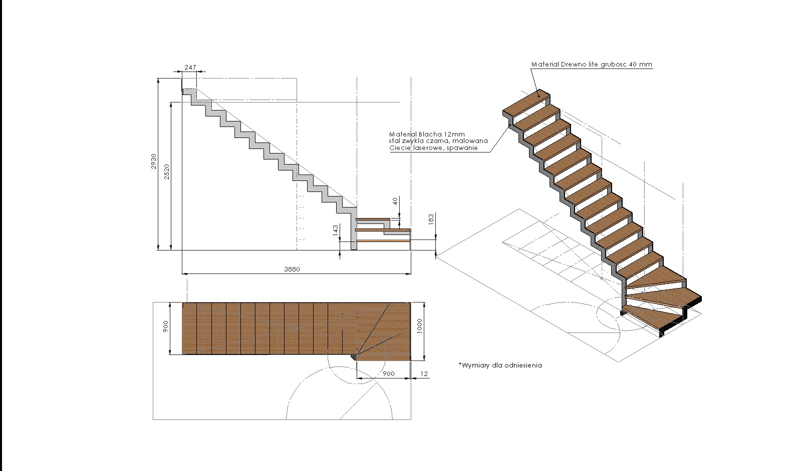 Schemat techniczny schodów na stalowej ramie z wymiarami i specyfikacją materiałów. Widok z boku, z góry i perspektywiczny.
