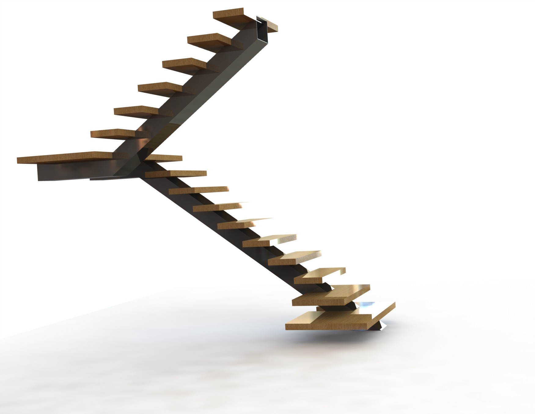 Wizualizacja schodów wspornikowych z drewnianymi stopniami i stalową belką nośną, ukazana w perspektywie z dołu, na białym tle. Nowoczesny design.