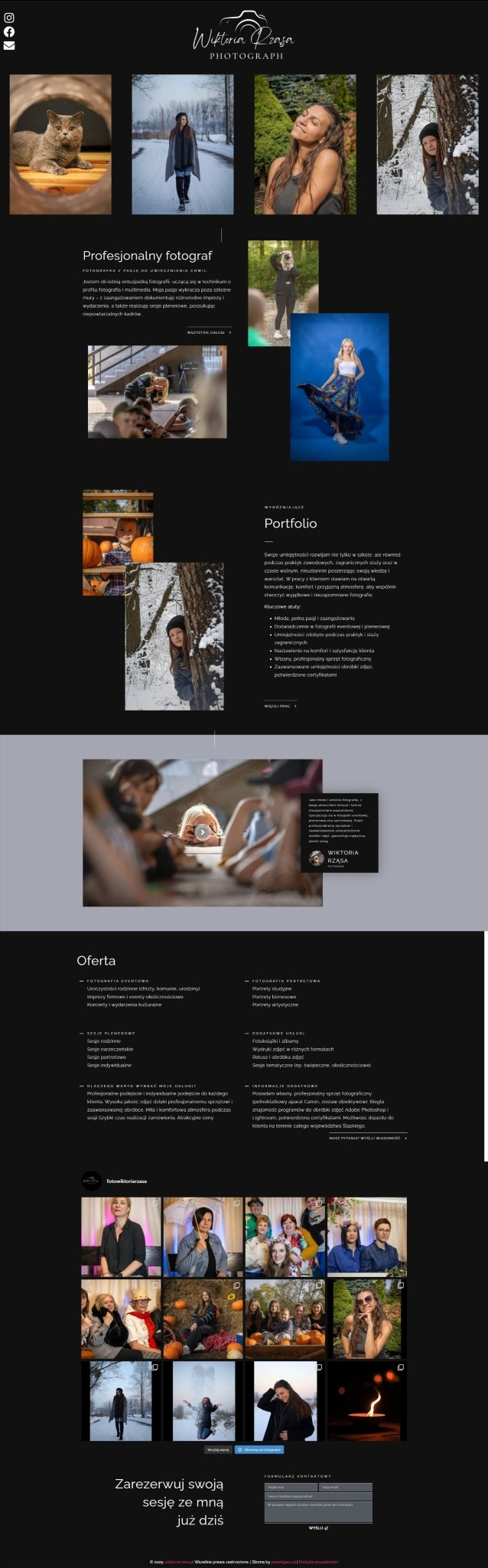 Strona internetowa fotografa z portfolio: portrety, sesje plenerowe i zdjęcia zwierząt. Logo w górnej części. Przykłady prac i formularz kontaktowy.