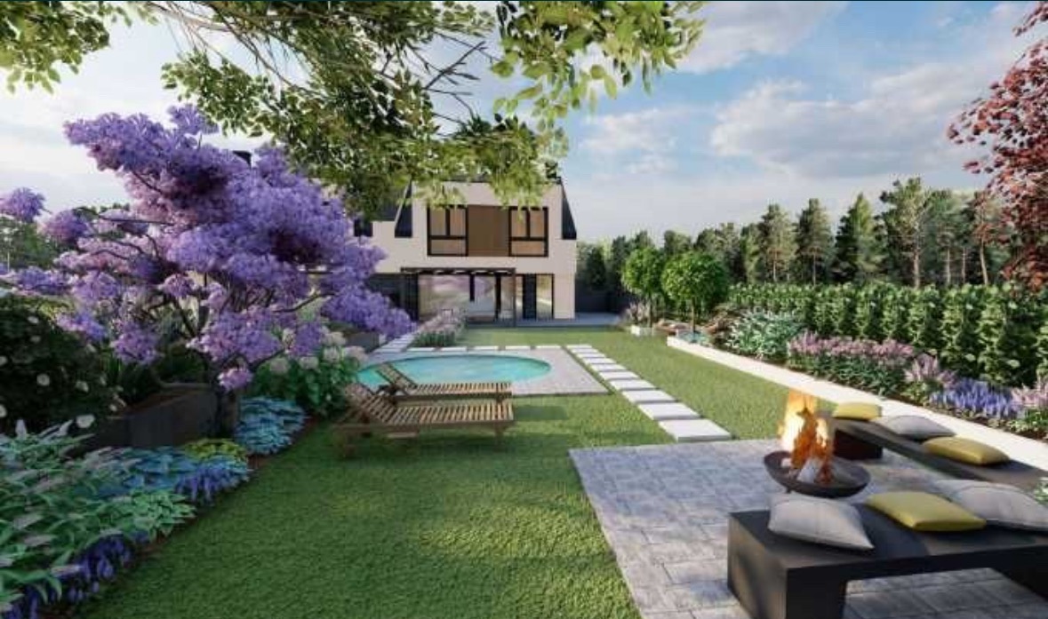 Projekt ogrodu z basenem i miejscem na ognisko, prezentujący kwitnący fioletowy krzew i nowoczesny dom w tle.