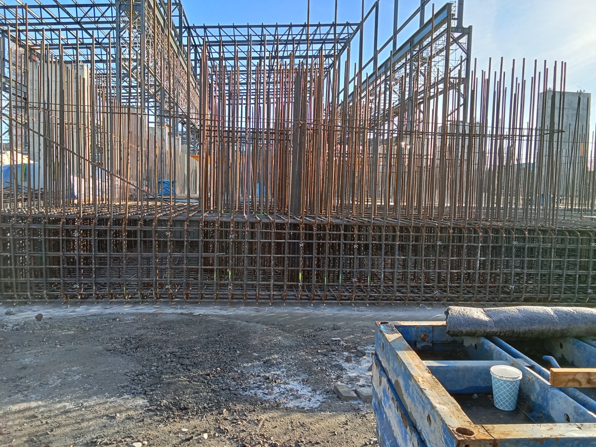 Szkielet żelbetowy w budowie: pionowe pręty zbrojeniowe wystają z siatki, tworząc regularną strukturę na tle błękitnego nieba i budynku. Widoczne szalunki i gruz.