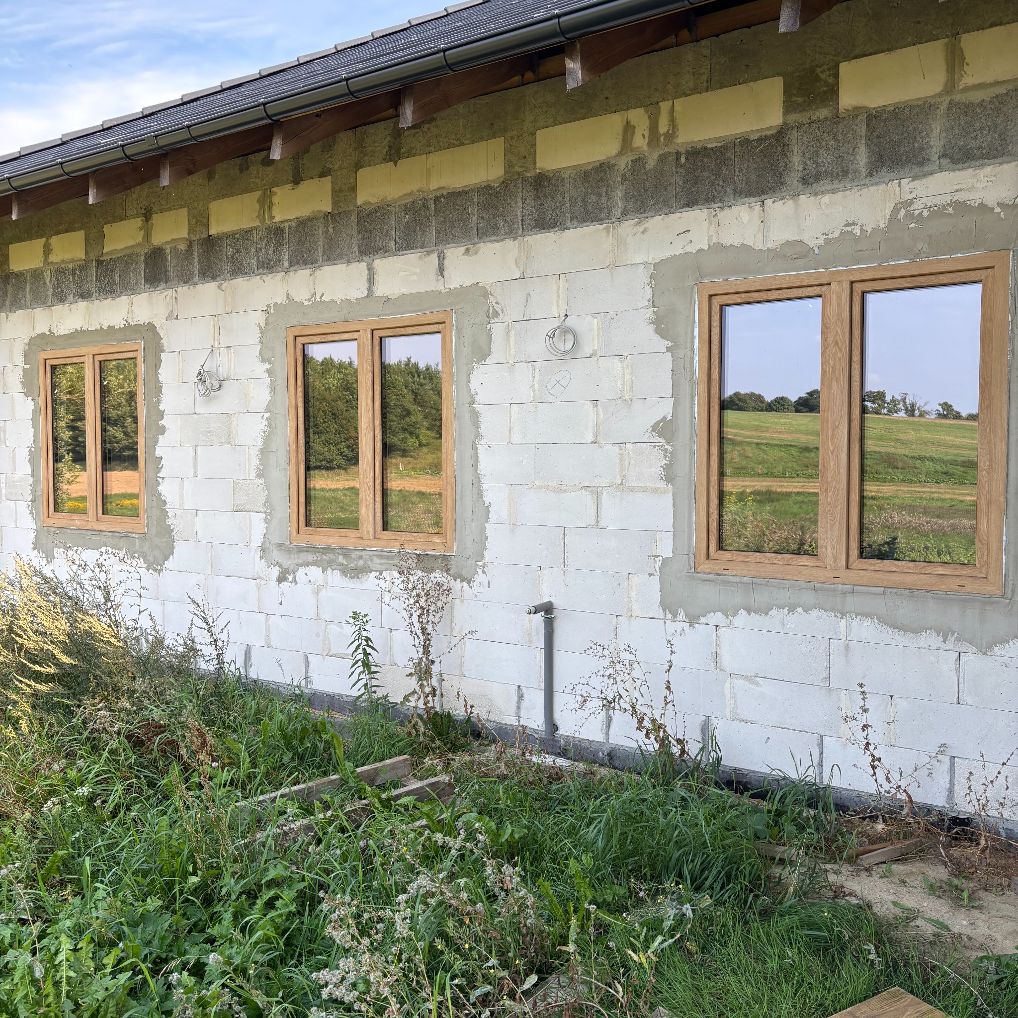 Surowy mur z trzema oknami z drewnianą ramą, odbijającymi krajobraz. Widoczne ślady zaprawy i instalacji elektrycznej. Zarośnięte otoczenie budynku.