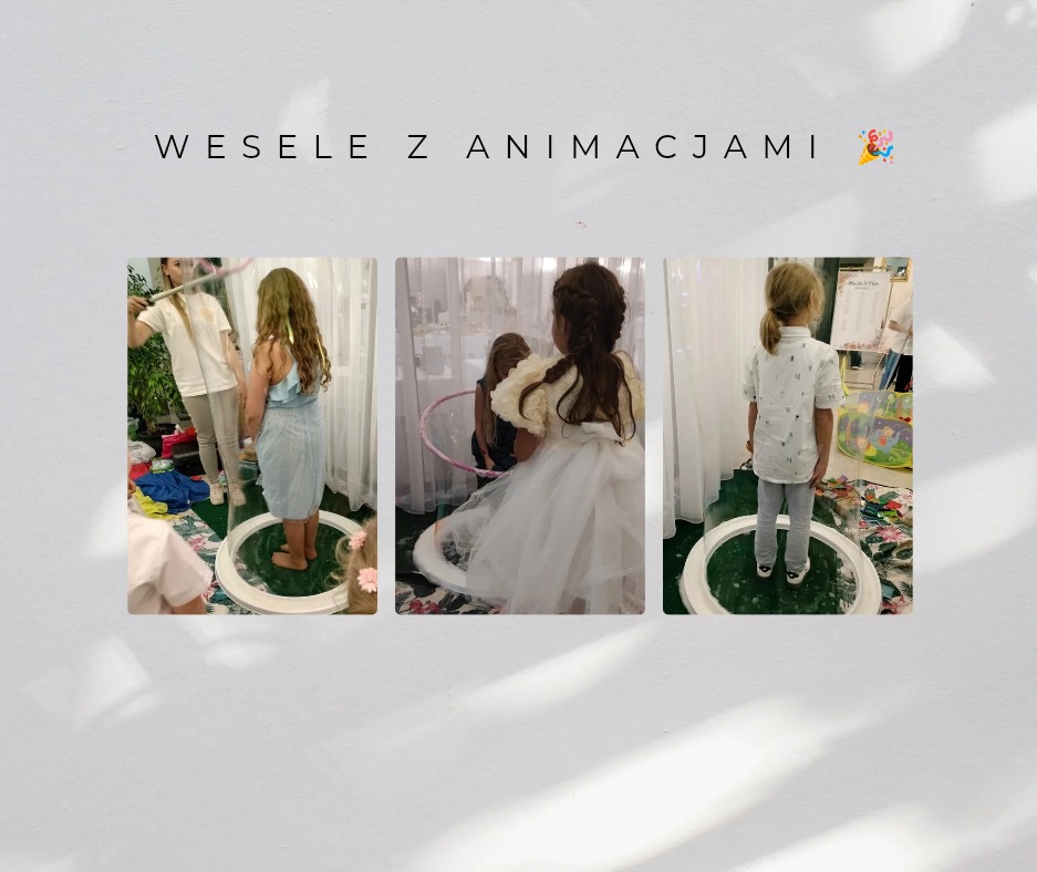Animacje dla dzieci na weselu: dzieci w bańkach mydlanych, zabawa z animatorem. Dekoracje weselne w tle, radosna atmosfera.