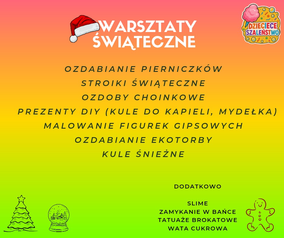 Plakat warsztatów świątecznych w Szczebrzeszynie: ozdabianie pierniczków, stroiki, ozdoby choinkowe, prezenty DIY, malowanie figurek, ekotorby, kule śnieżne.
