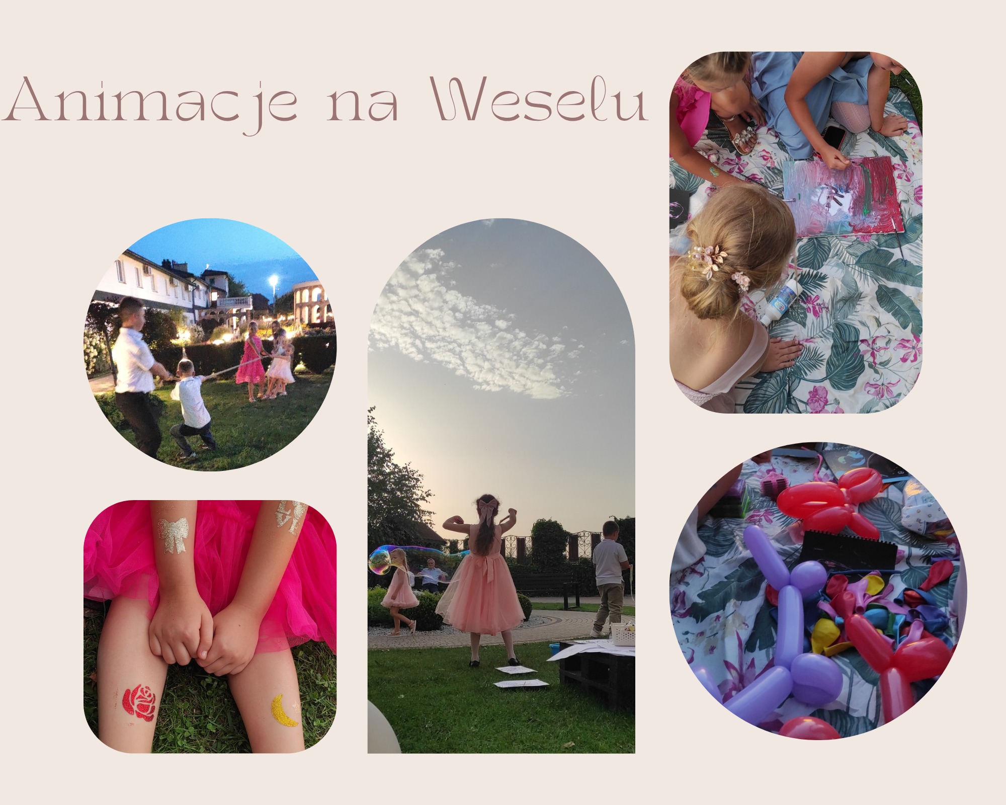 Kolaż z animacji weselnych: zabawy na trawie, malowanie twarzy, robienie balonowych zwierzątek. Różnorodne atrakcje dla dzieci podczas uroczystości.