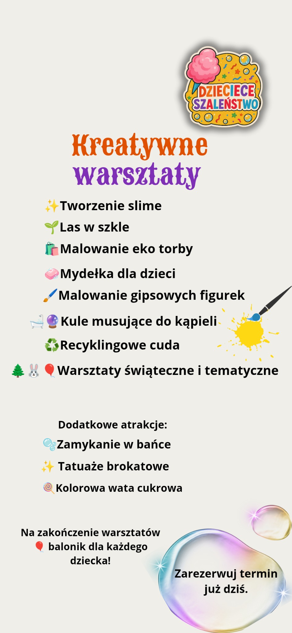 Plakat reklamowy kreatywnych warsztatów dla dzieci: tworzenie slime, las w szkle, malowanie eko toreb, mydełka, gipsowe figurki, kule do kąpieli, recyklingowe cuda, warsztaty świąteczne.