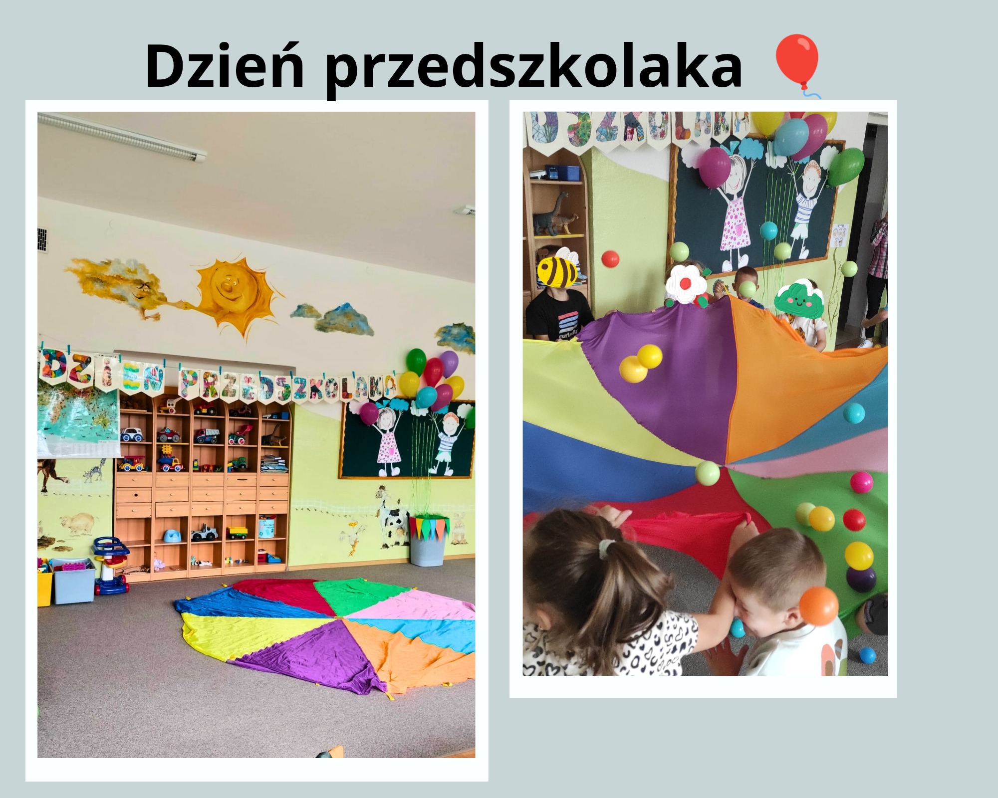 Sala przedszkolna udekorowana na Dzień Przedszkolaka: kolorowe dekoracje, rysunki na ścianach, dzieci bawiące się pod wielobarwną chustą animacyjną z piłeczkami.