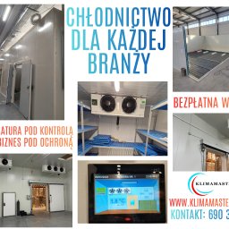 KAJA SOLUTIONS SPÓŁKA Z OGRANICZONĄ ODPOWIEDZIALNOŚCIĄ - Komora chłodnicza w Wołominie. Widok na wnętrze z regałami, agregat chłodniczy i panel sterowania temperaturą. Kontrola temperatury dla każdej branży.