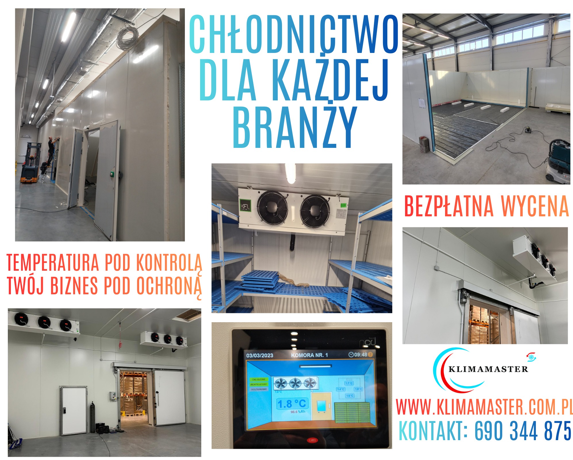 Komora chłodnicza w Wołominie. Widok na wnętrze z regałami, agregat chłodniczy i panel sterowania temperaturą. Kontrola temperatury dla każdej branży.