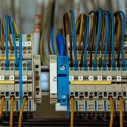 Szczegółowe ujęcie rozdzielnicy elektrycznej z kolorowymi przewodami w Poznaniu. Widoczne złącza i oznaczenia numerów. Instalacja wykonana schludnie i profesjonalnie.