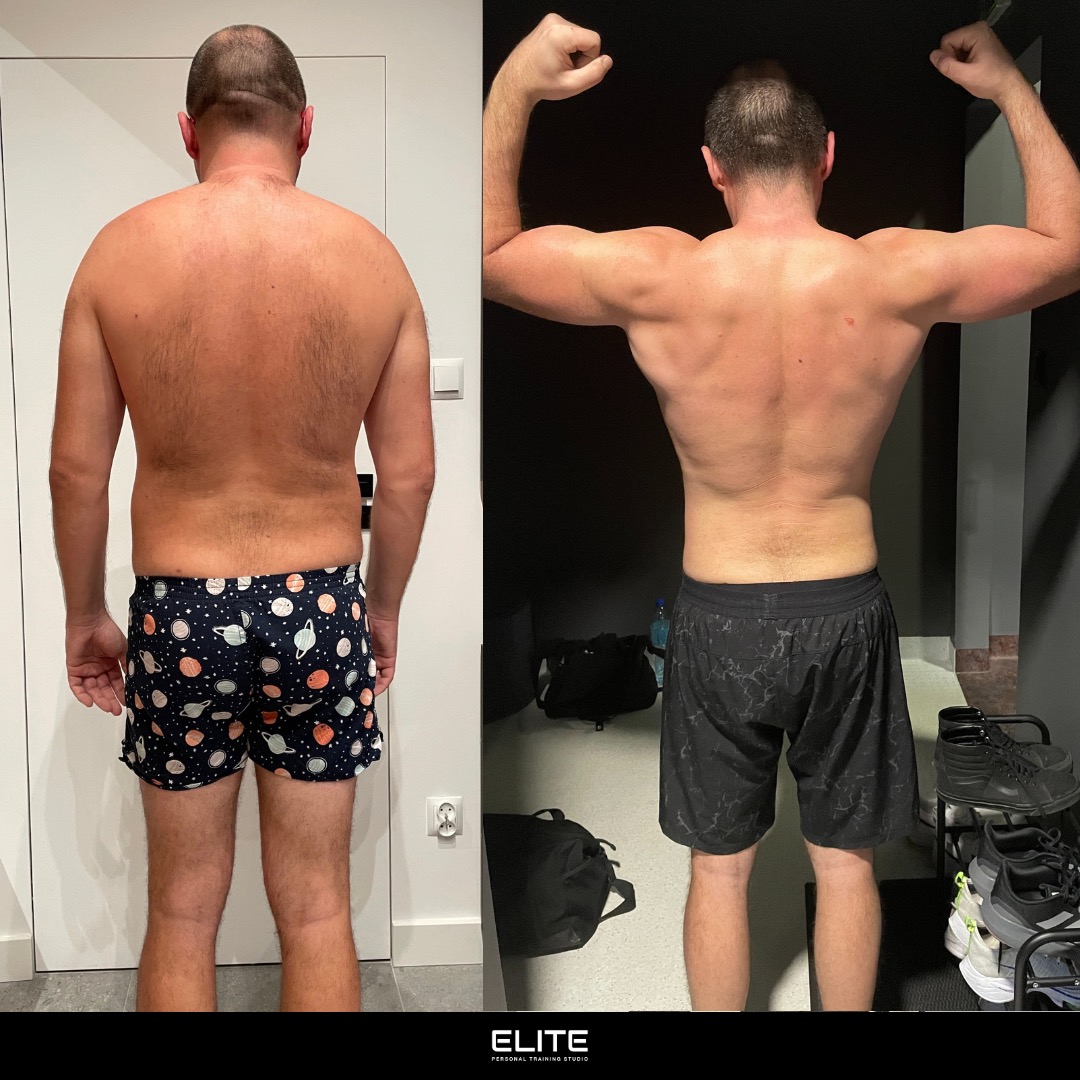 Męska sylwetka przed i po treningu personalnym. Widoczne zmiany w muskulaturze pleców i ramion. Szorty w kosmiczny wzór kontrastują z czarnymi sportowymi.
