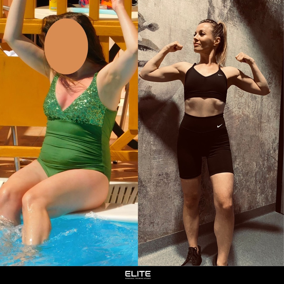 Zdjęcie 'przed i po' metamorfozy kobiety: po lewej w zielonym stroju kąpielowym, po prawej w sportowym stroju, prezentująca umięśnioną sylwetkę na tle ściany.