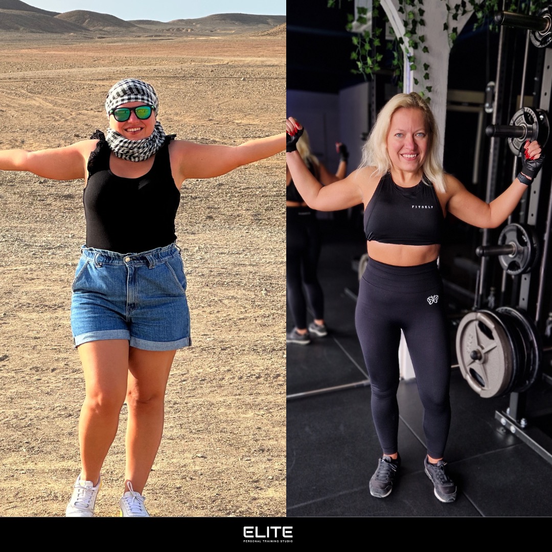 Zdjęcie 'przed i po' przedstawia transformację sylwetki kobiety. Po lewej stronie pustynia, po prawej siłownia. Widoczna zmiana w wyglądzie i stylu ubioru.