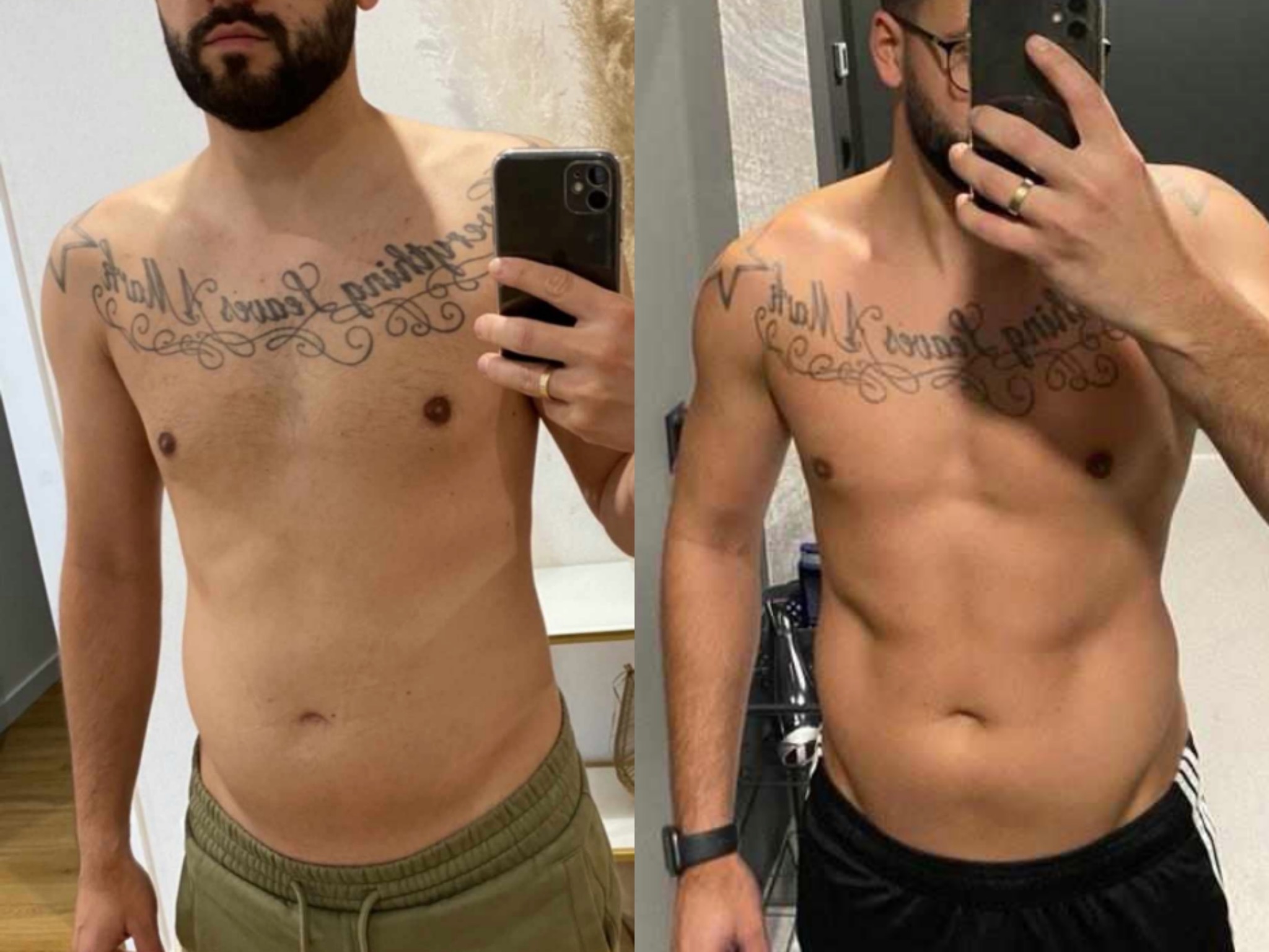 Mężczyzna z tatuażem, prezentujący transformację sylwetki przed i po treningach, z widoczną różnicą w definicji mięśni brzucha i redukcji tkanki tłuszczowej.