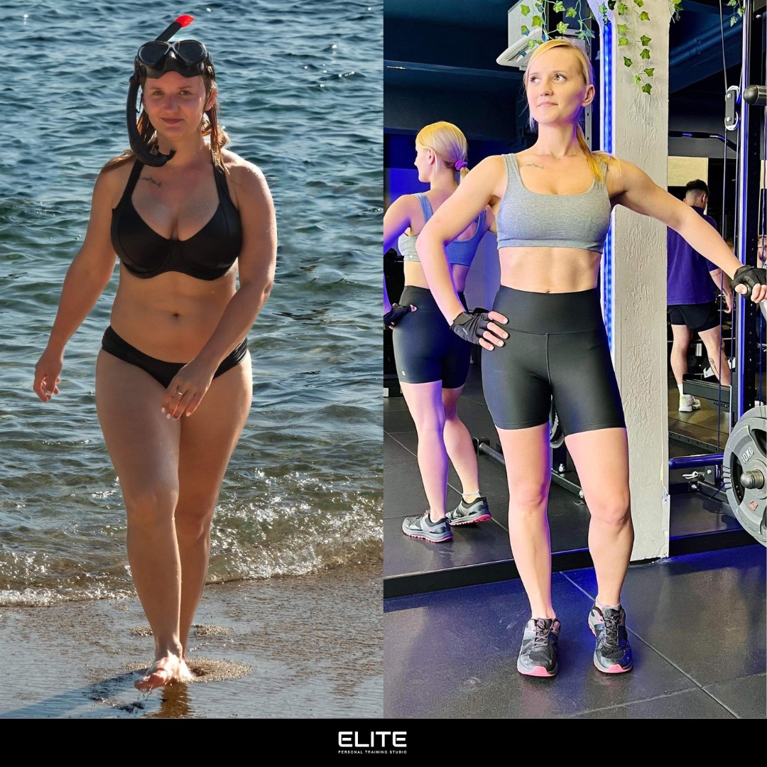 Kobieta przed i po metamorfozie: po lewej w stroju kąpielowym na plaży, po prawej wysportowana w stroju sportowym na siłowni z odbiciem w lustrze.