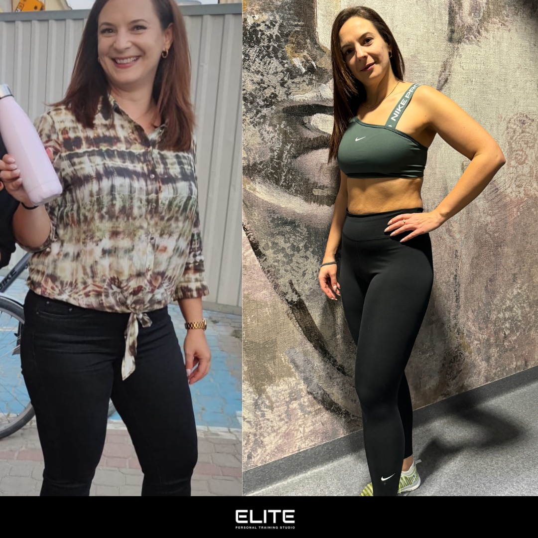 Zdjęcie 'przed i po' przedstawia metamorfozę kobiety po treningach, ukazując różnicę w sylwetce i kondycji fizycznej. Widoczna zmiana w wyglądzie i postawie.