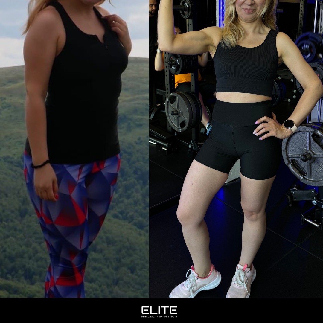 Zdjęcie 'przed i po' prezentujące efekty treningu personalnego: sylwetka kobiety na tle górskiego krajobrazu i w nowoczesnej siłowni, z widoczną poprawą kondycji i muskulatury.