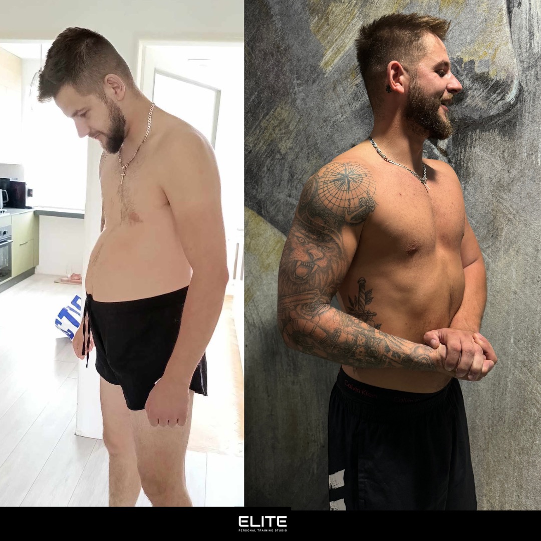 Mężczyzna przed i po treningu: po lewej sylwetka przed, po prawej - wysportowana, wytatuowana sylwetka na tle dekoracyjnej ściany. Efekt transformacji.
