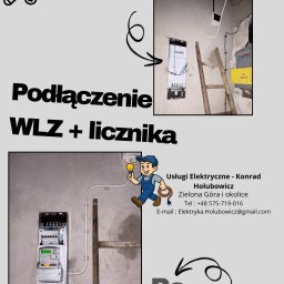 Konrad Hołubowicz Synergy - Podłączenie WLZ i licznika: stan przed i po. Na górze stara instalacja, na dole nowa. Widoczna drabina i logo firmy elektrycznej.