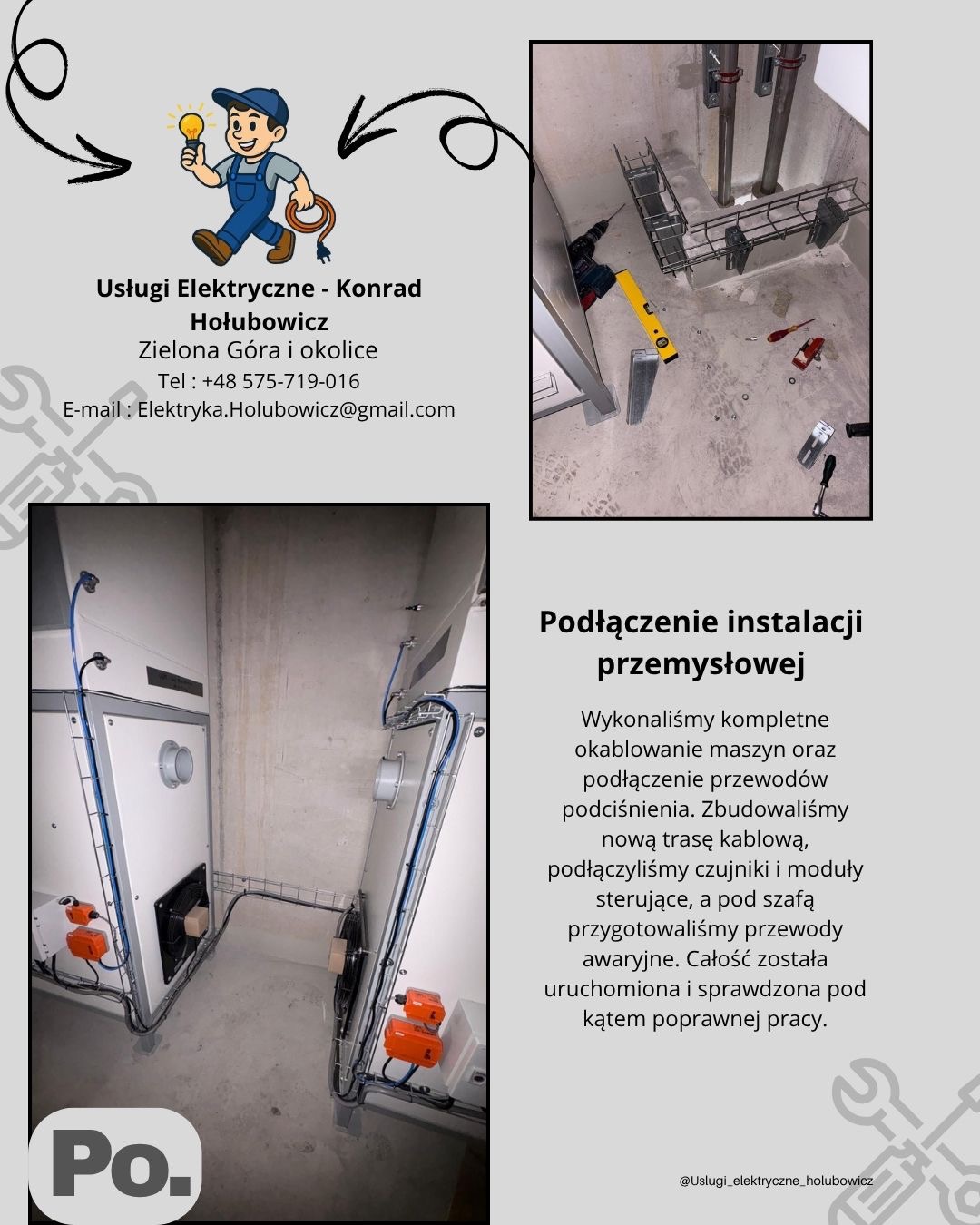 Podłączenie instalacji przemysłowej w Zielonej Górze. Widoczne okablowanie maszyn, czujniki, moduły sterujące i przygotowane przewody awaryjne.