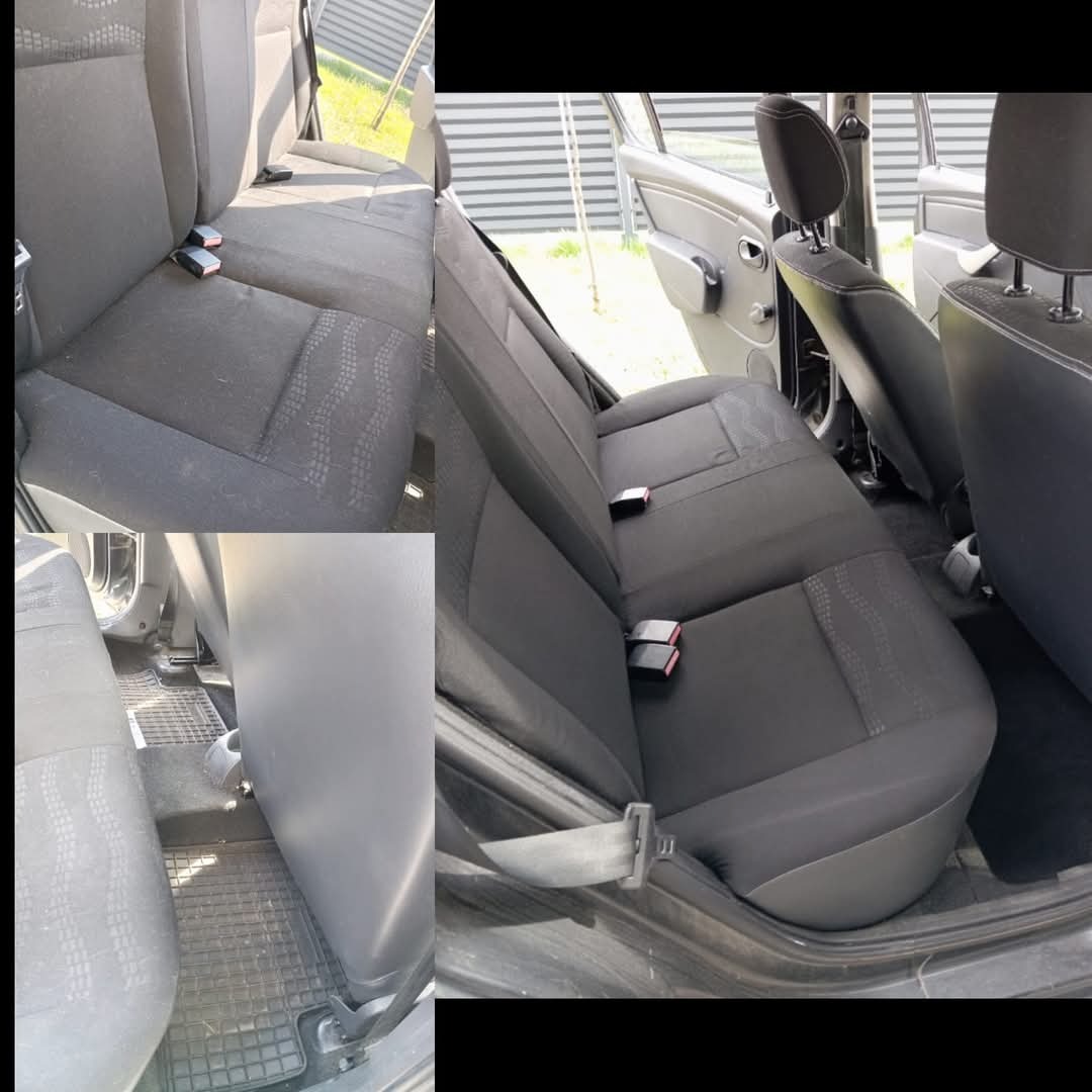 Wnętrze auta po odświeżeniu tapicerki w Wodzisławiu Śląskim. Widoczne czyste fotele z materiału w odcieniach szarości i czerni. Zwraca uwagę staranne wyczyszczenie detali.