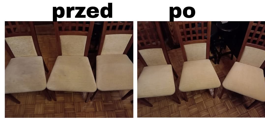 Krzesła tapicerowane przed i po czyszczeniu, widoczne różnice w odcieniach i czystości tapicerki na siedziskach.