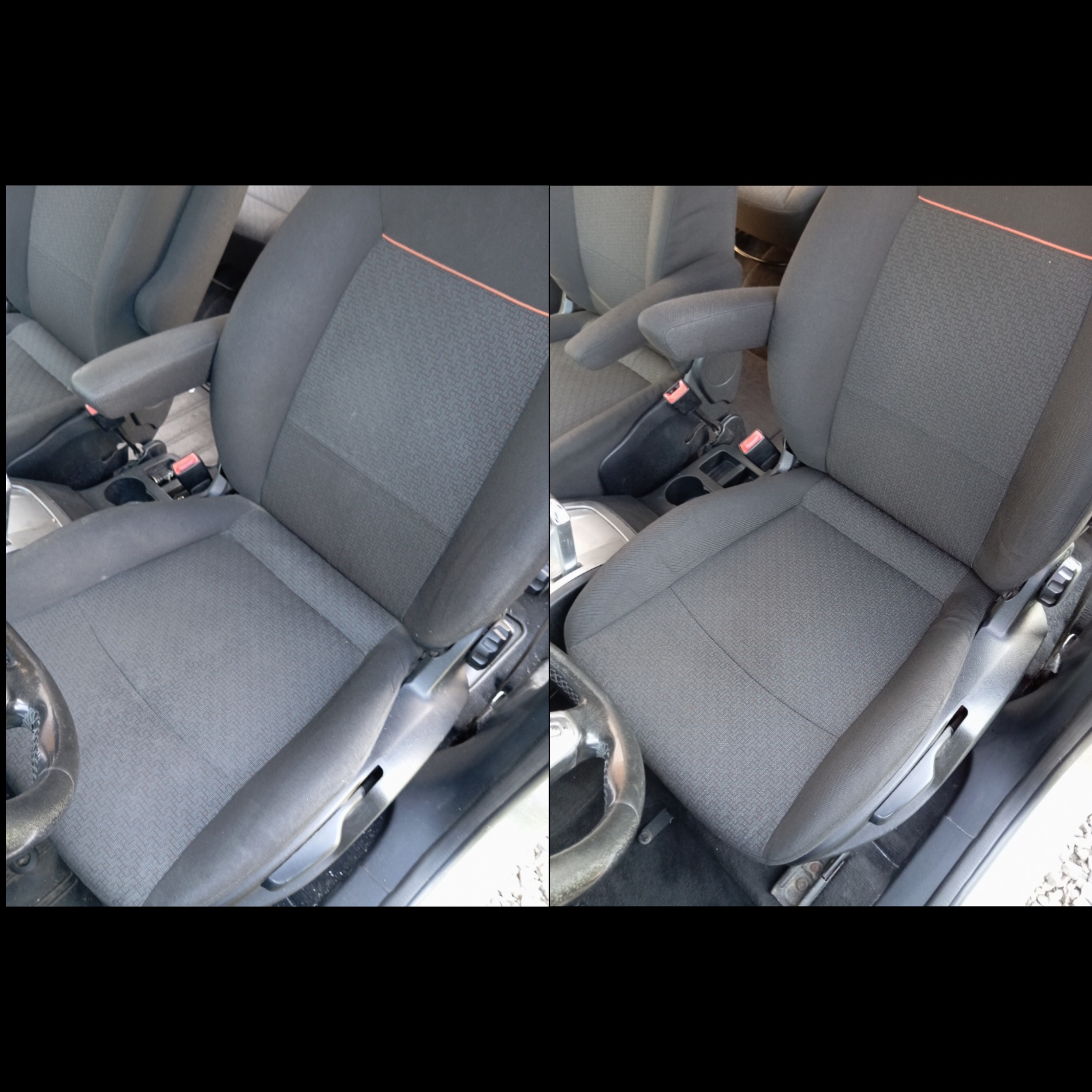 Fotel samochodowy przed i po czyszczeniu, widoczna różnica w odcieniu tapicerki. Usługa wykonana w Wodzisławiu Śląskim.