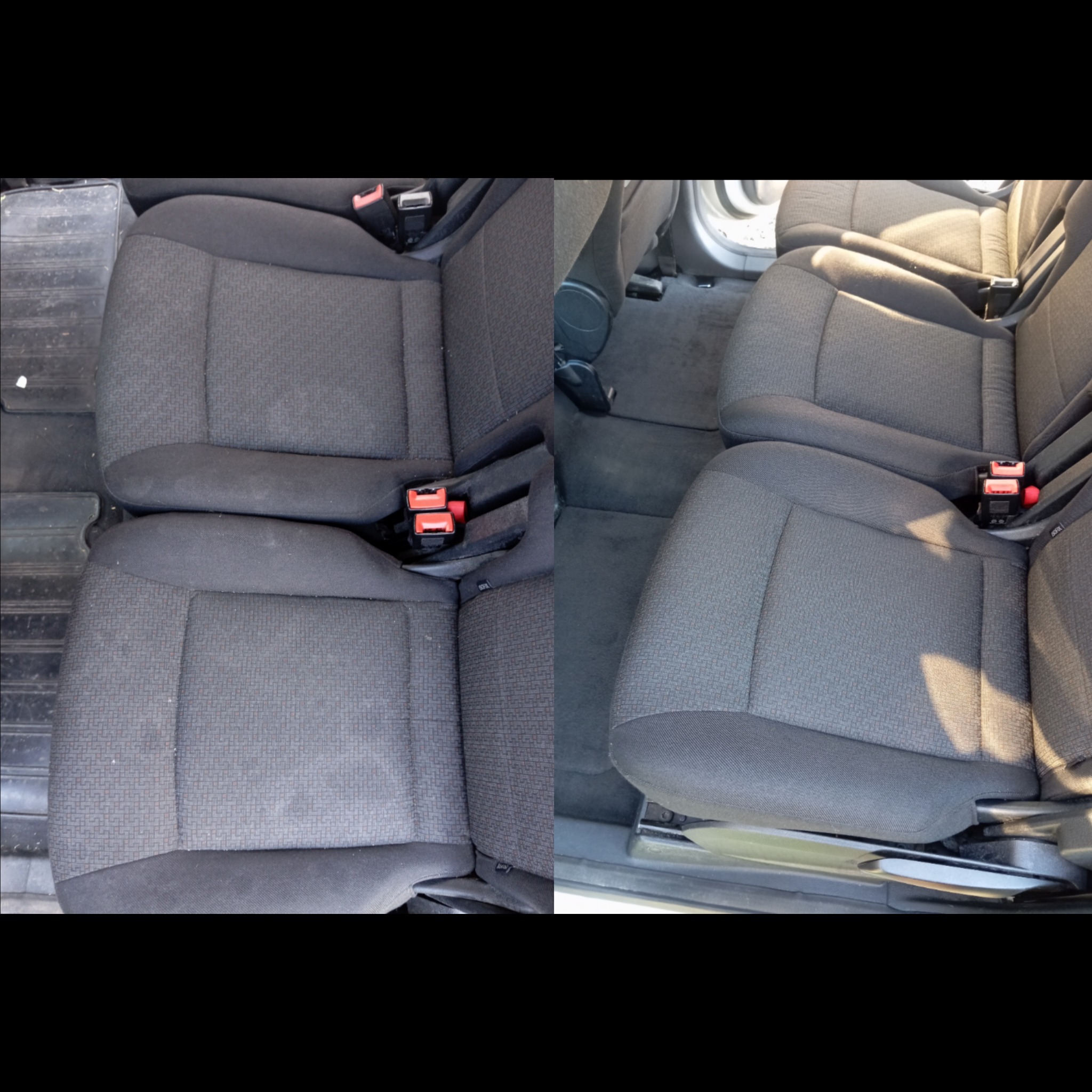 Tapicerka samochodowa przed i po czyszczeniu. Po lewej brudne fotele, po prawej czyste, odświeżone. Widoczne pasy bezpieczeństwa.