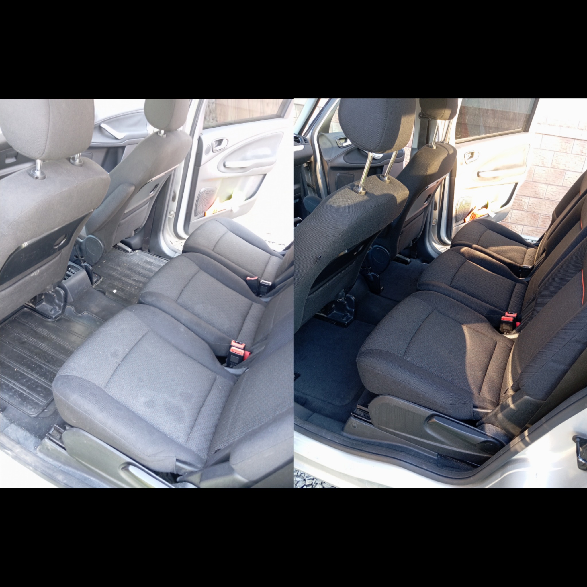 Zdjęcie typu 'przed i po' prezentujące tylne siedzenia srebrnego samochodu, ukazujące różnicę w czystości tapicerki przed i po czyszczeniu.