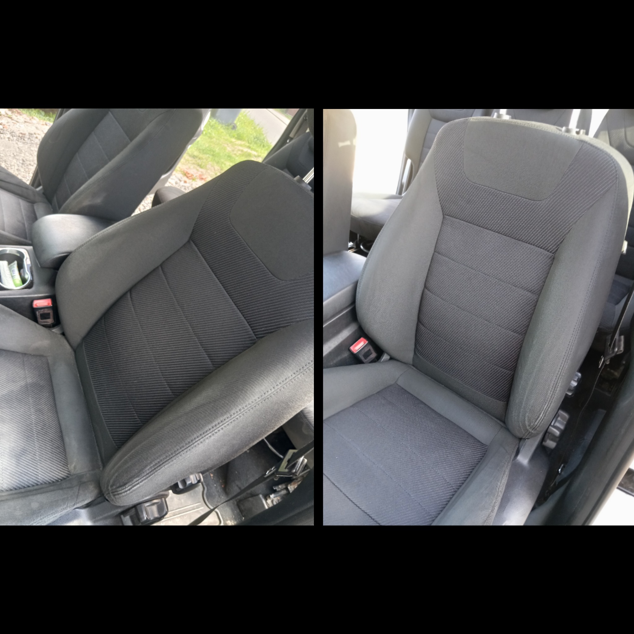 Tapicerka samochodowa przed i po czyszczeniu. Po lewej - widoczne zabrudzenia, po prawej - czysta, odświeżona powierzchnia. Efekt prania tapicerki.