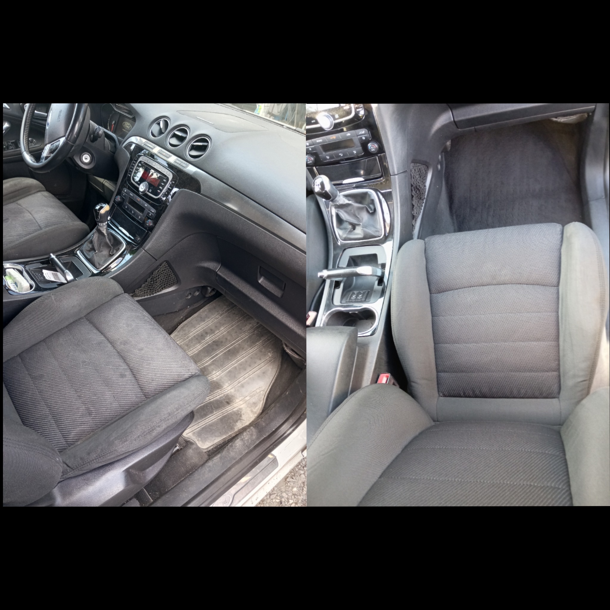 Auto detailing: Porównanie wnętrza Forda S-Max przed i po czyszczeniu. Widoczne odświeżone fotele, dywaniki i konsola środkowa. Efekt 'przed i po' na jednym zdjęciu.