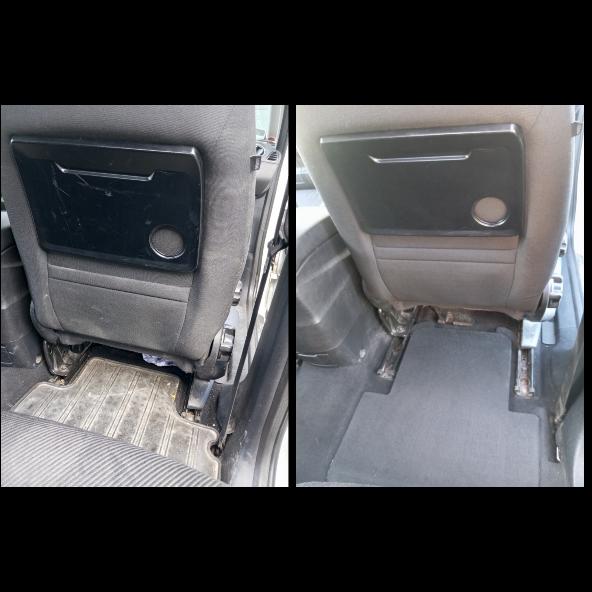 Tapicerka samochodowa przed i po czyszczeniu: widoczne różnice w wyglądzie fotela i dywanika podłogowego. Czystość i odświeżenie wnętrza pojazdu.